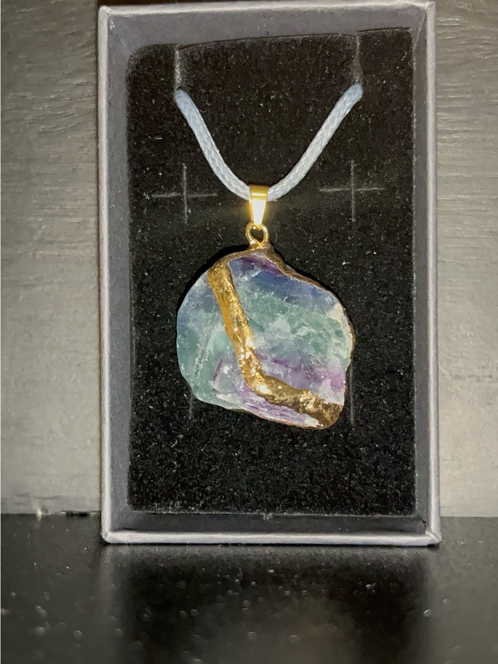 Gold-Trim Fluorite Slice Pendant Necklace in Green, Purple & Blue